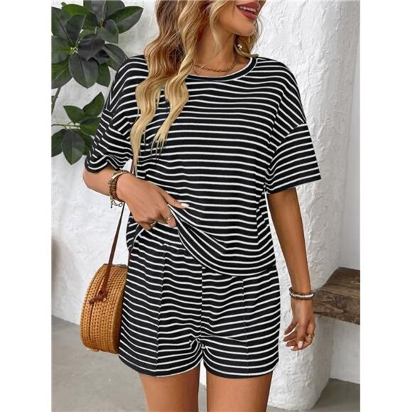Striped Round Neck Short Sleeve Top and Shorts Set - Picture 10 of 16